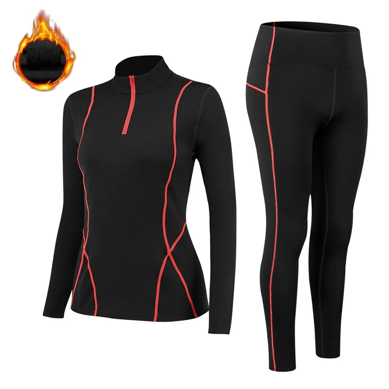 Tepelné spodné prádlo Ženy Mock Neck Sety tenké fleece fitness Shapewear Elastic Tight Female Clothing Undershirts and Underpants