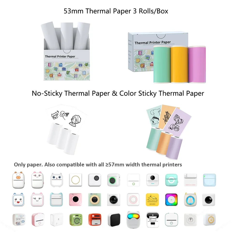 Tepelný papier pre T02 Mini tlačiareň, 53 mm farebný tepelný papier, pre T02 M832 M833 M834 Šírka 53 mm prenosná tlačiareň