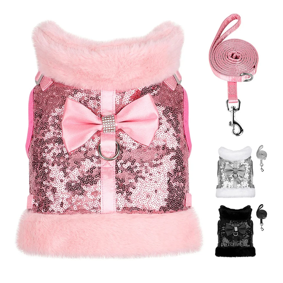 Teplý kožušinový postroj Bling Sequines Dogs Vesc Postroj pre malé stredné psie mačky zimné domáce zvieratá oblečenie s roztomilou luk