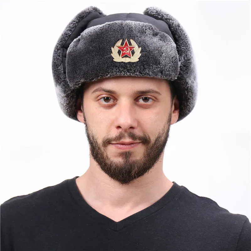 Teplý sovietsky odznak Lei Feng Hats Pánska ruská armáda Ushanka Bomber Hat Outdoor Plus zamatové zhustá čiapka vetru lyžiarsky uši