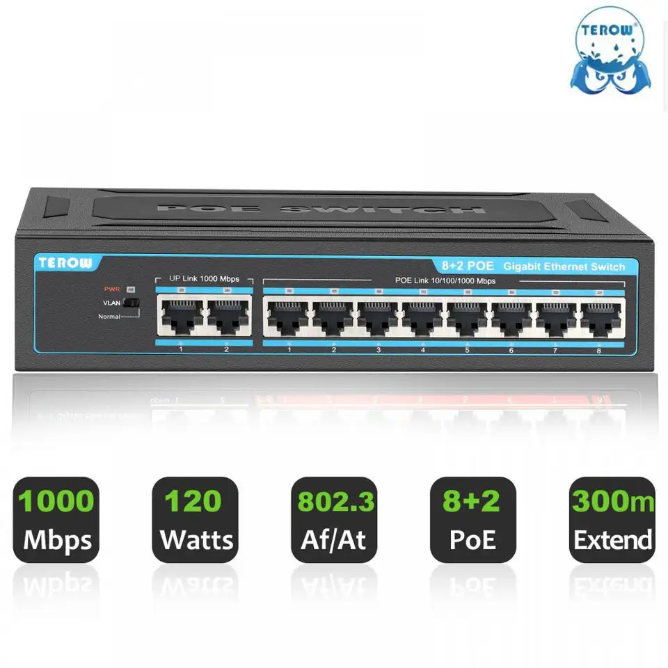 Terow Gigabit Poe Switch 10 Ports Ethernet Switcher 1000MBPS 8 Poe +2 Uplinks IEEE802.3AF/AT 120W Vstavaný výkon pre IP fotoaparát