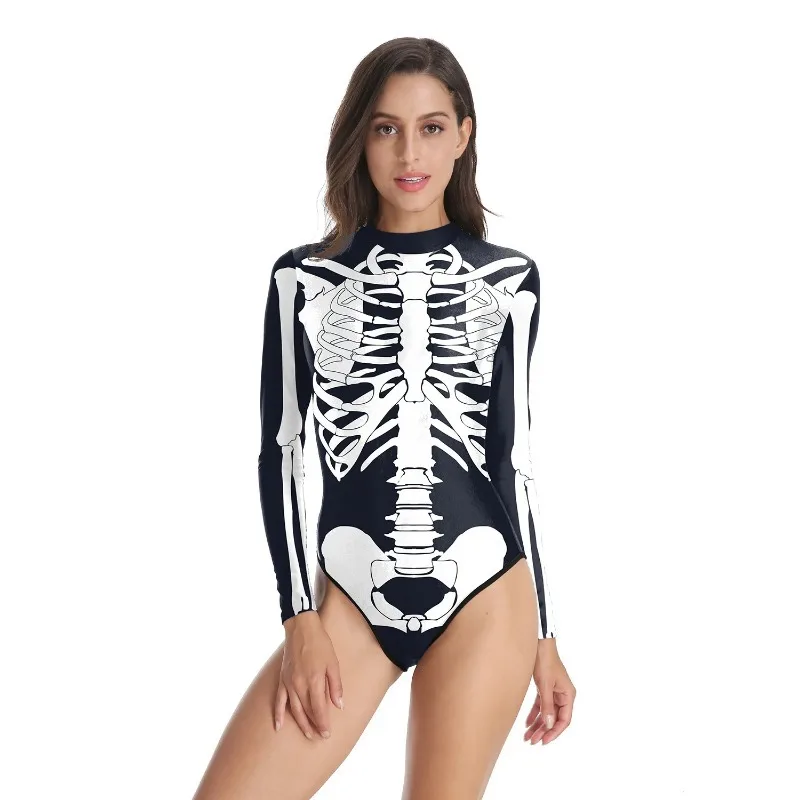 Terror Halloween kostým červená kostra strašidelná tlačová tela sexy žien Horor kosti dlhé rukávy Tops Skinny Romper košeľa dámy