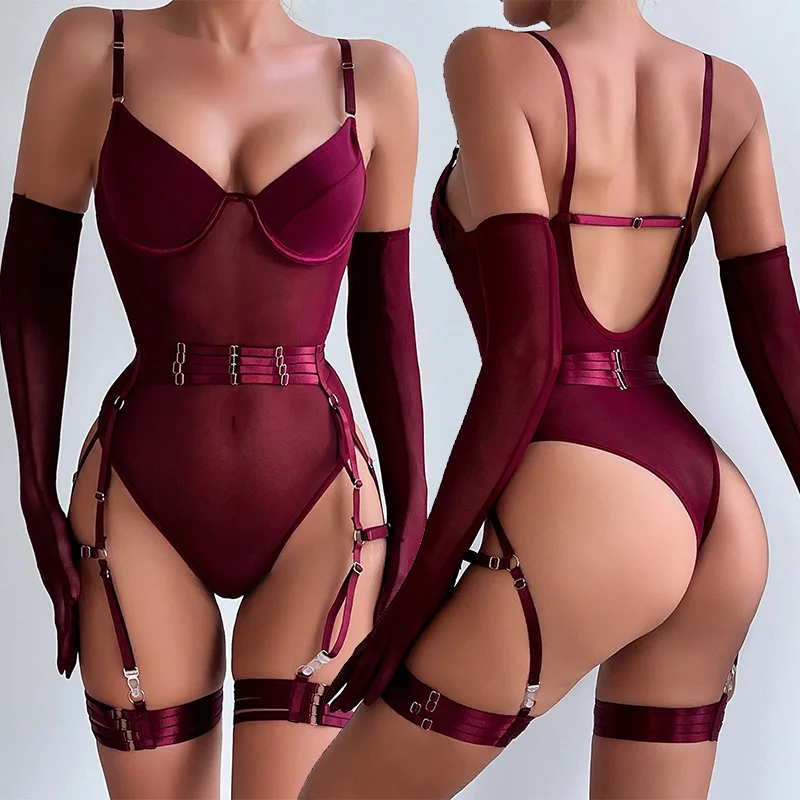 Tesná prilietavá čipka podprsenka Sada Pozrite sa cez BodySuit Sexy spodná bielizeň erotické ženské telo s rukavicami podväzky Outfit detská bábika xxx sexuálny obchod