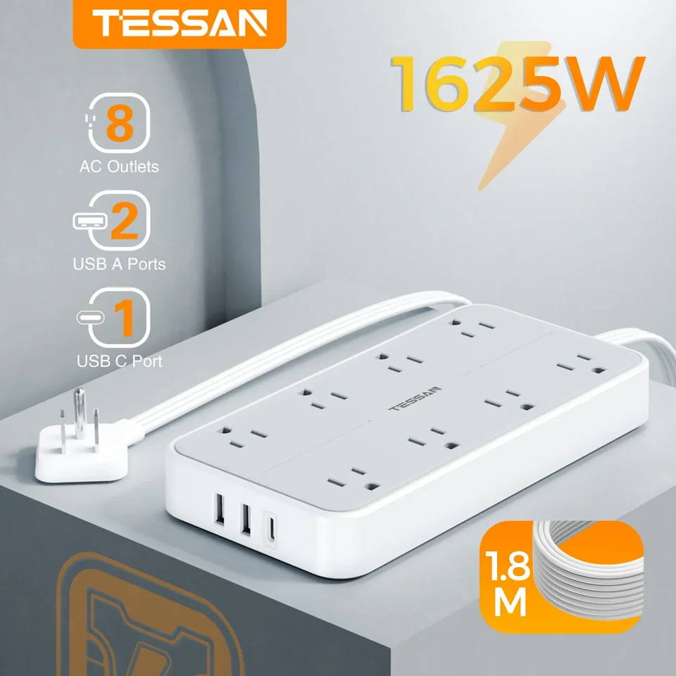 Tessan Electric Extension Plochá zástrčka typu C Multi-Plug Remienok s viacerými šupkami s 8 striedavými zásuvkami a 3 portmi USB (1 typ C)
