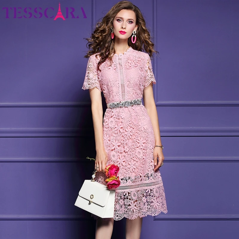 Tesscara Women Summer Elegant Lace Dress Festa Vysoko kvalitné svadobné kokteilové dizajnérky femme dizajnér Pink & Green Vestidos