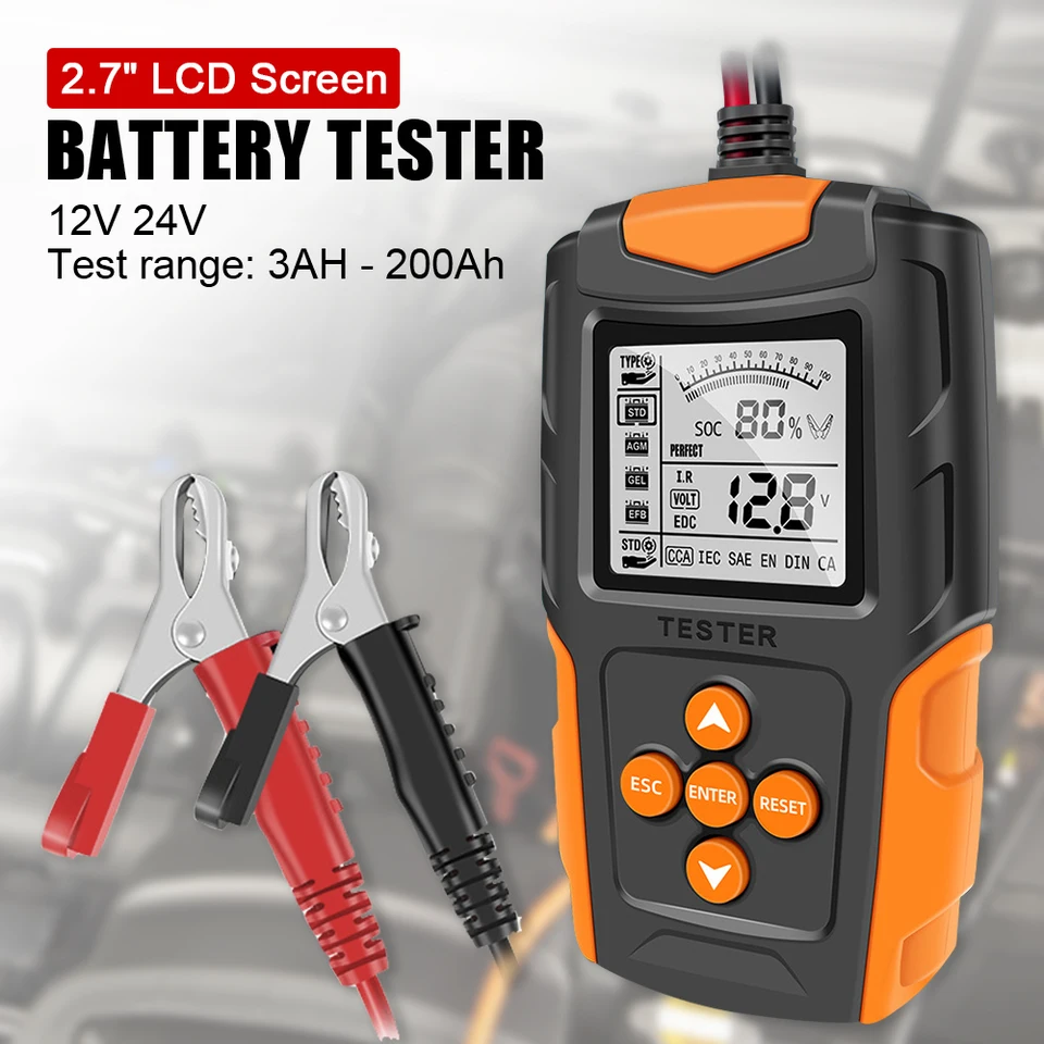 Tester batérie automobilov 12 V 24 V Automatické diagnostické nástroje pre mokré/gélové/olovené nabíjacie nabíjacie nabíjanie nástroja CCA Analyzátor batérií