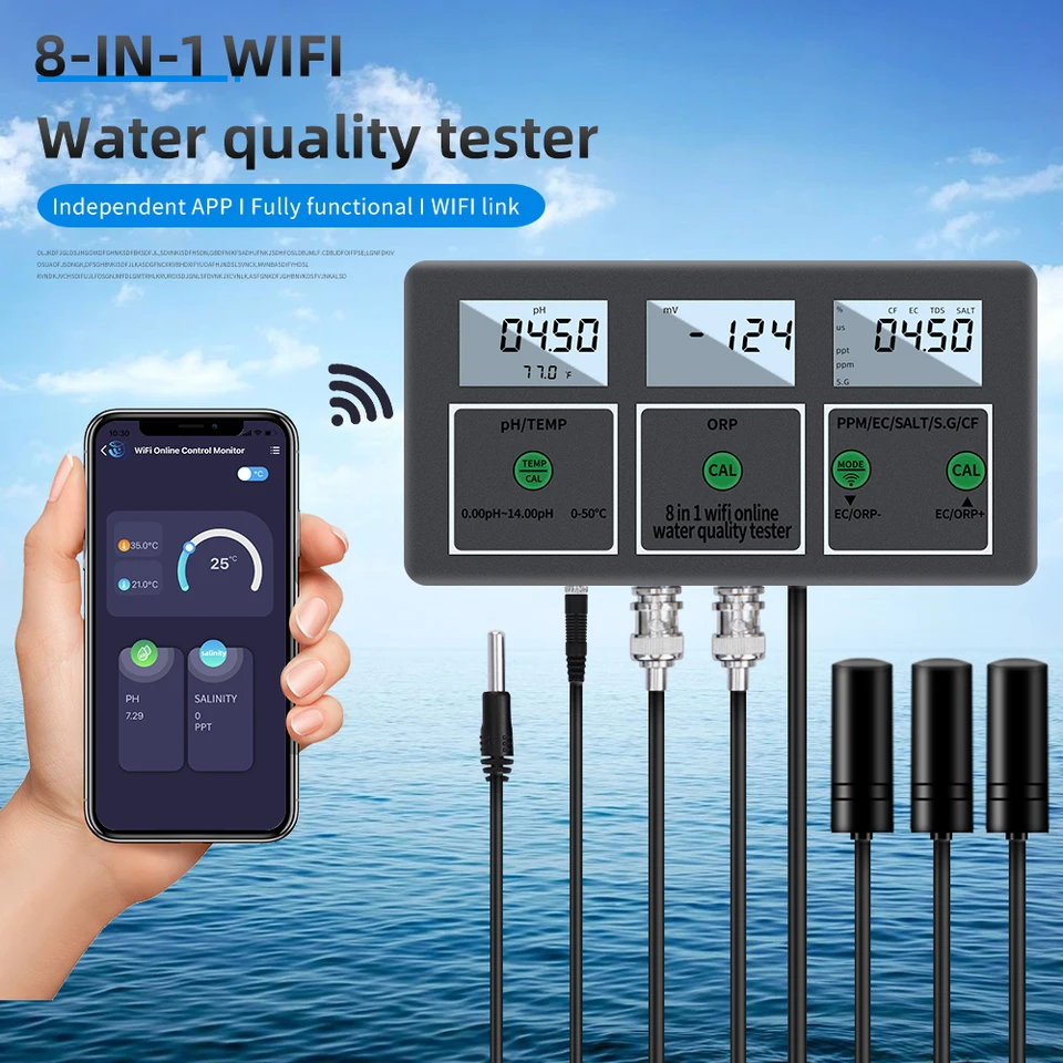Tester kvality vody PH/ORP/EC/TDS/SALT/SG/CF/Teplota online tester APP 8-IN-1 WIFI a prenos údajov pre bazény akvária