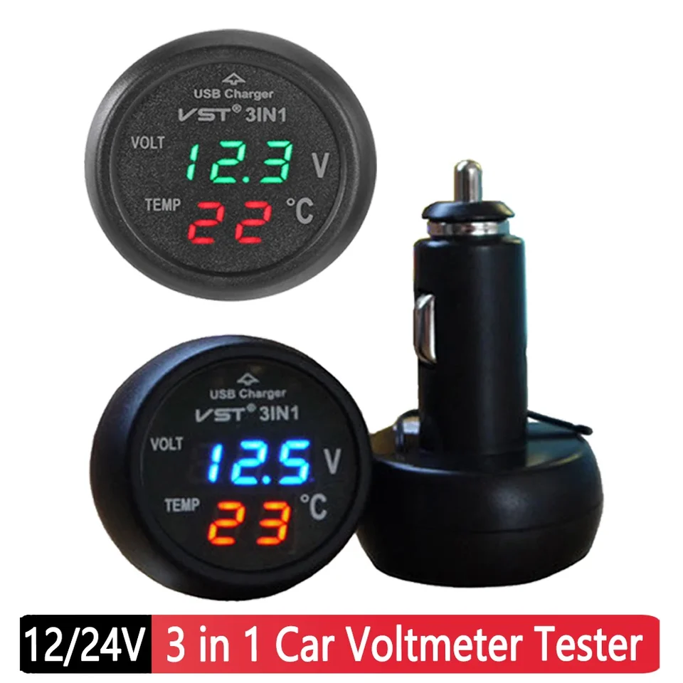 Tester voltmeter automobilu 3in1 Digitálny voltmeter teplomer modro červená LED displej 12/24V 2.1A Cigaret Unter USB nabíjačka