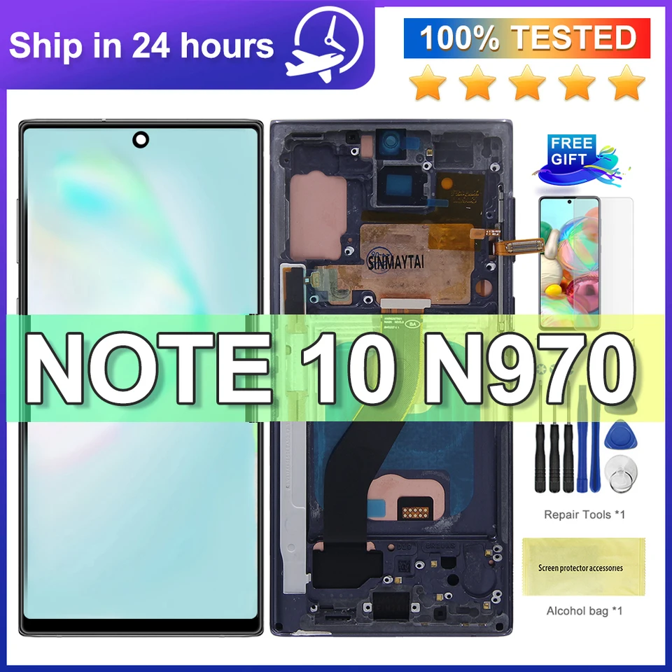 Testované na Samsung Note 10 LCD Display Display Dotknite Digitalizátor pre zostavu Samsung Note 10 N970 N970F, LCD SM-N970F LCD s rámom