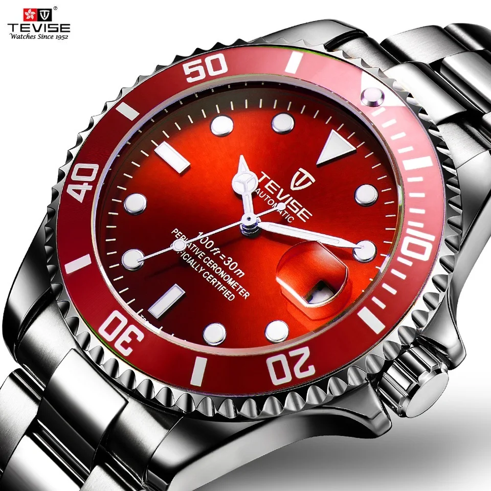 Tevise Red Watch Men Kreatívne svetelné hodinky Dátum vodotesných hodín muž modré automatické hodinky Purpurové mechanické náramkové hodinky