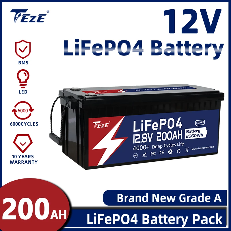 Teze LifePo4 12V 200Ah batéria Vstavané nabíjateľný solárny systém RV House Trolling Motor 6000 Cyklus bez dane.
