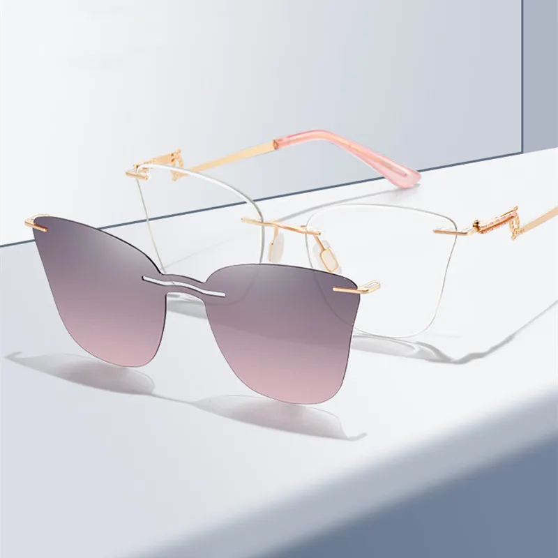 Tgcyeyo Mew Metal Retro Rimless Magnetické polarizované slnečné okuliare Ženy módne a luxusné optické očné okuliare
