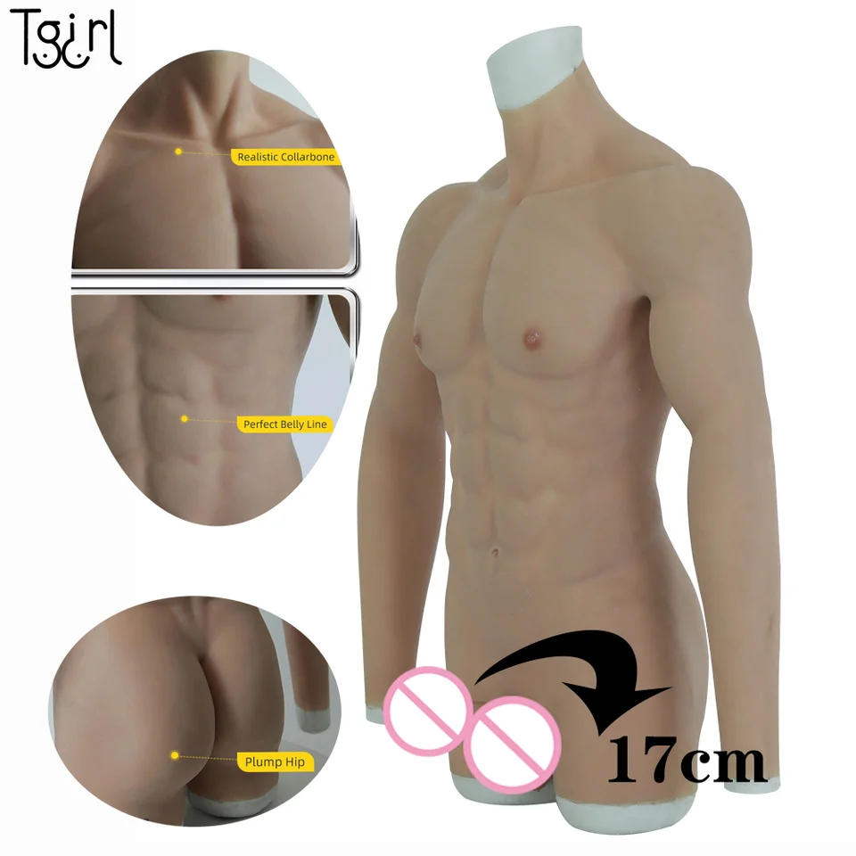 Tgirl Pánsky svalový oblek s penisom pre Cosplay macho falošné kostýmy hrudníka BodySuit s umelými zbraňami FTM transgender shemale