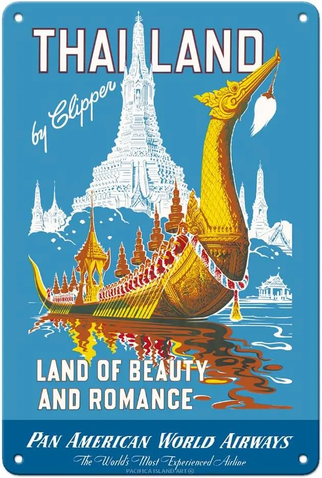 Thajsko od Clipper - Pan American World Airways - Land of Beauty and Romance - Royal Barge - Vintage Airline Travel Plagát C.19