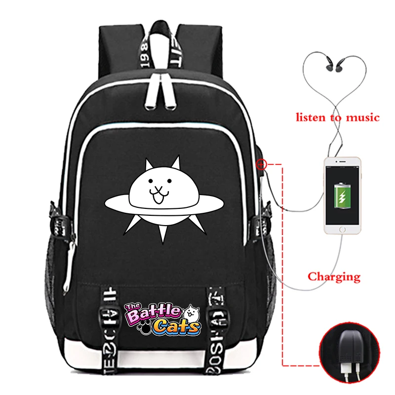 The Battle Cats Batoh Teenager Študenti Školská taška USB nabíjanie port prenosný vrecko karikatúra Nylon Rucksack Boys Bookbag Mochila
