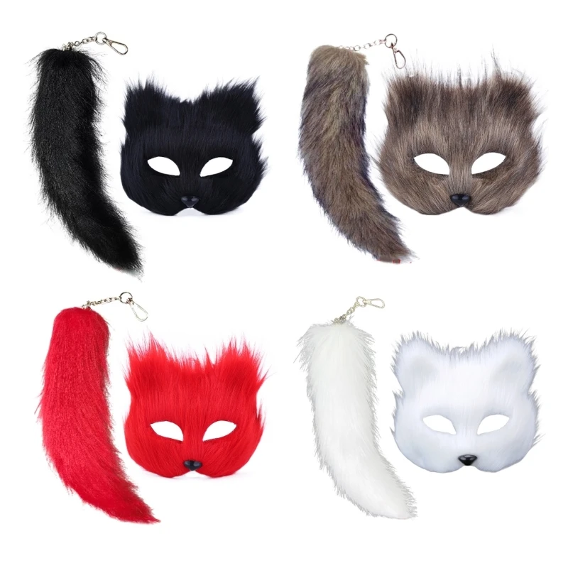 Therian Mask and Tail for Women Girls Fuzzy Cats Foxes Wolf Mask Tail Keychain Cosplay Halloween kostým