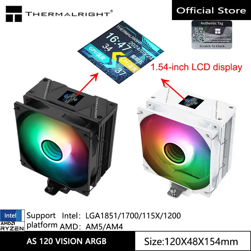 ThermalRight TL-AS120 Vision ARGB Computer Chladiaci chladič, 4 tepelné potrubia 1,54-palcový LCD displej (obrazovka USB 9pin rozhranie)
