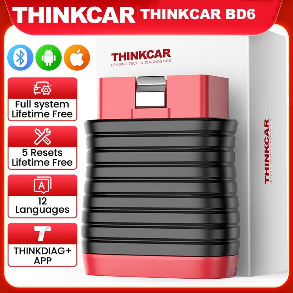 ThinkCar BD6 OBD2 Scanner Bluetooth, bezdrôtový Diagnostický nástroj pre systém iOS & Android, 5 resetive doživotných bezplatných bezplatných