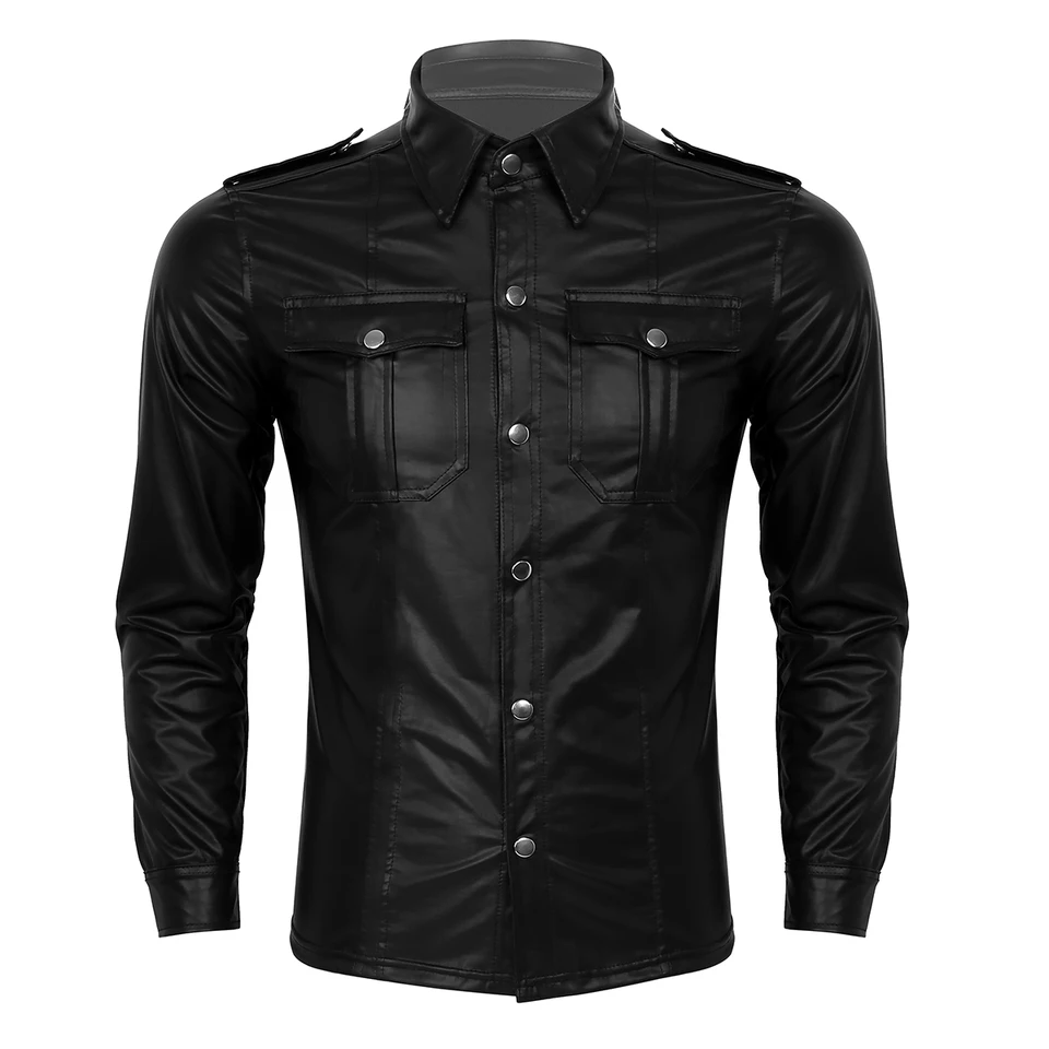 Thoshine Brand Men Kožená košeľa Slim Fit Fast Fashion Faux Kožené košele mäkké tričká s dlhým rukávom Motocykel a cyklistické streetwear