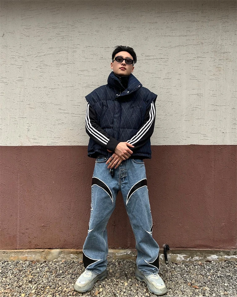 Thug Club Pu Leavičné vyšívanie patchwork bagy y2k džínsy pánske streetwear rovné nadmerné džínsové nohavice unisex nákladné nohavice