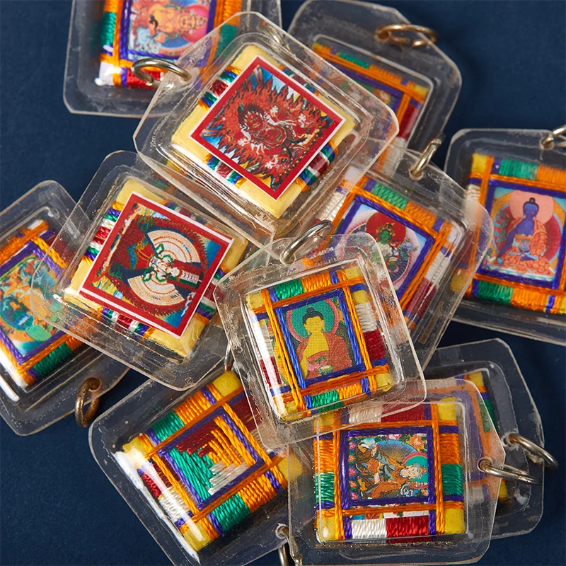 Tibetan Tangka Green Tara Buddhizmus Keychains Malé prívesky vrecko fengshui kľúčová reťazec budhistická dekorácia