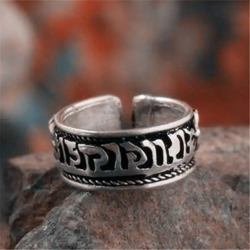 Tibetské krúžky pre mužov kovový meď Totem Amulet Ring Buddhista Dorje Six Words Mantras Open Ring R050