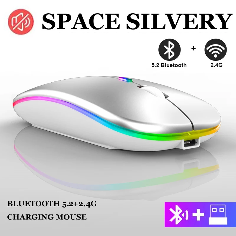 Tiché nabíjateľné Bluetooth 5.2 Wireless Mouse s USB 2,4 GHz RGB 1600DPI Mouse for LAPTOP Tablet MacBook Mouse Player Player