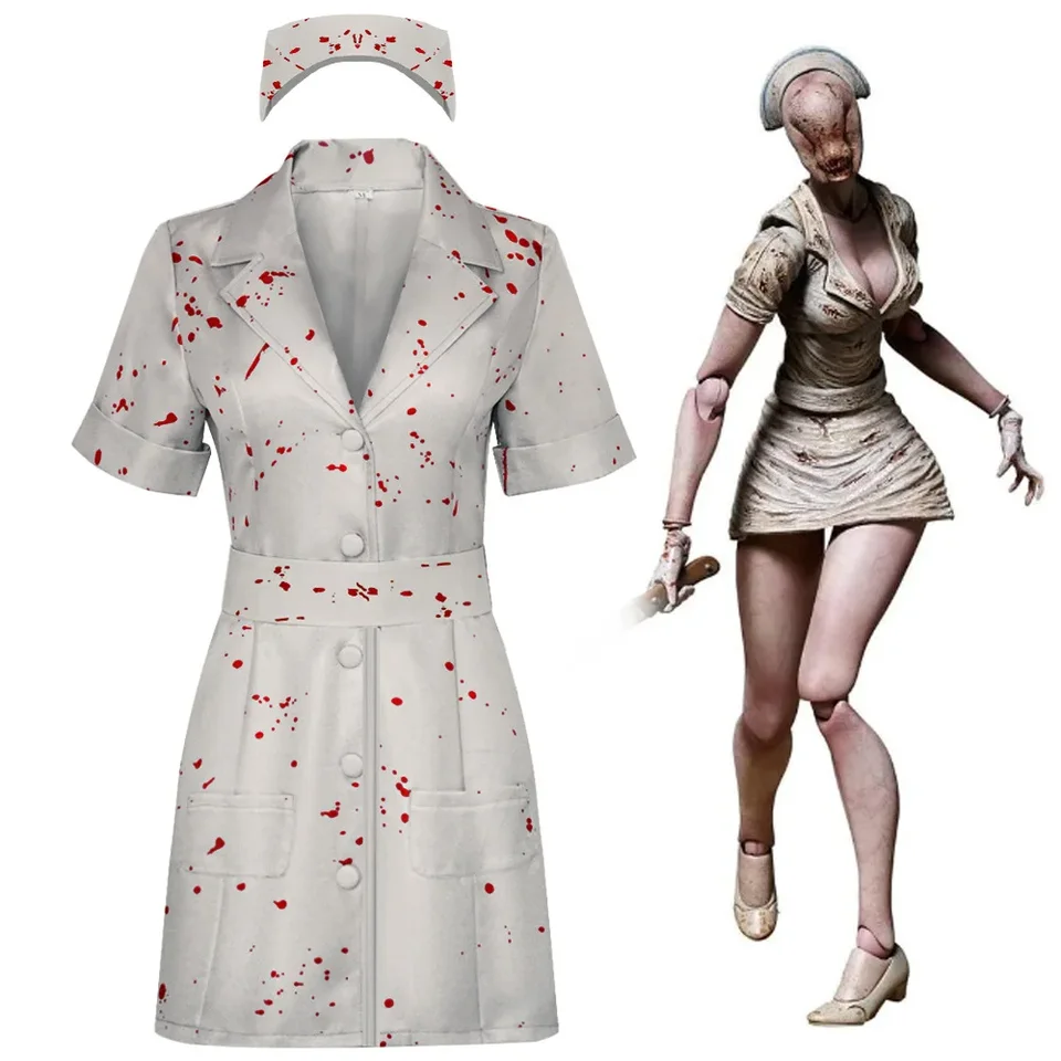 Tichý kopec sestra cosplay kostým horor krvavý doktor bábka bublina hlava bez tváre Halloween sestra biele krvavé šaty