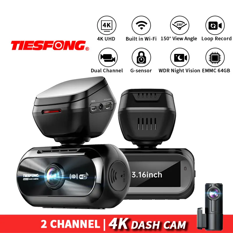 Tiesfong A801 ​​Dash Cam 4K UHD predné auto DVR a zadný fotoaparát so 140 ° širokouhlým uhlom Video rekordér vstavaného WiFi vstavaný WiFi