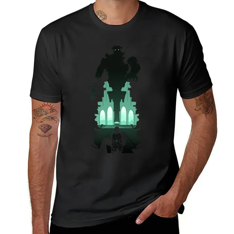 Tieň Kolossus-Malus Silhouette Tričko Estetické oblečenie Nadmerné čierne tričká pre mužov Cotton