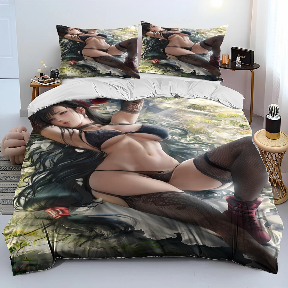 Tifa Aerith Sexy Girl Lace Cartoon Game Game Bedding Set Set, obliečka na obliečka na krupľu prikrývka vankúš, sada posteľnej bielizne Queen veľkosti
