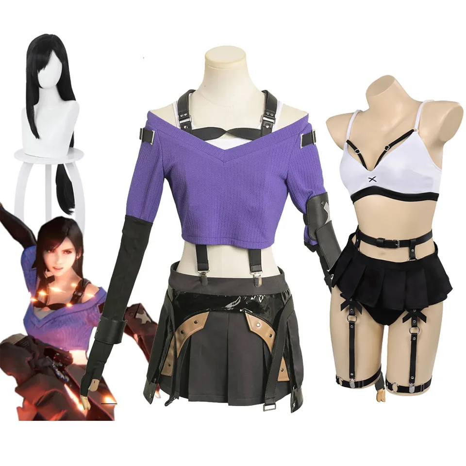 Tifa Lockhart Cosplay Purple Skirt Suits Costume Anime Game Final Fantasy Ⅶ FF7 Disguise Adult Women Halloween Roleplay Outfits
