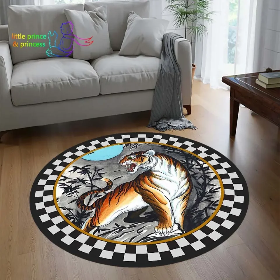 Tiger čierna a biela mriežka okrúhla koberec zvierací koberec pre obývaciu izbu podložka pre deti podlahová vaňa