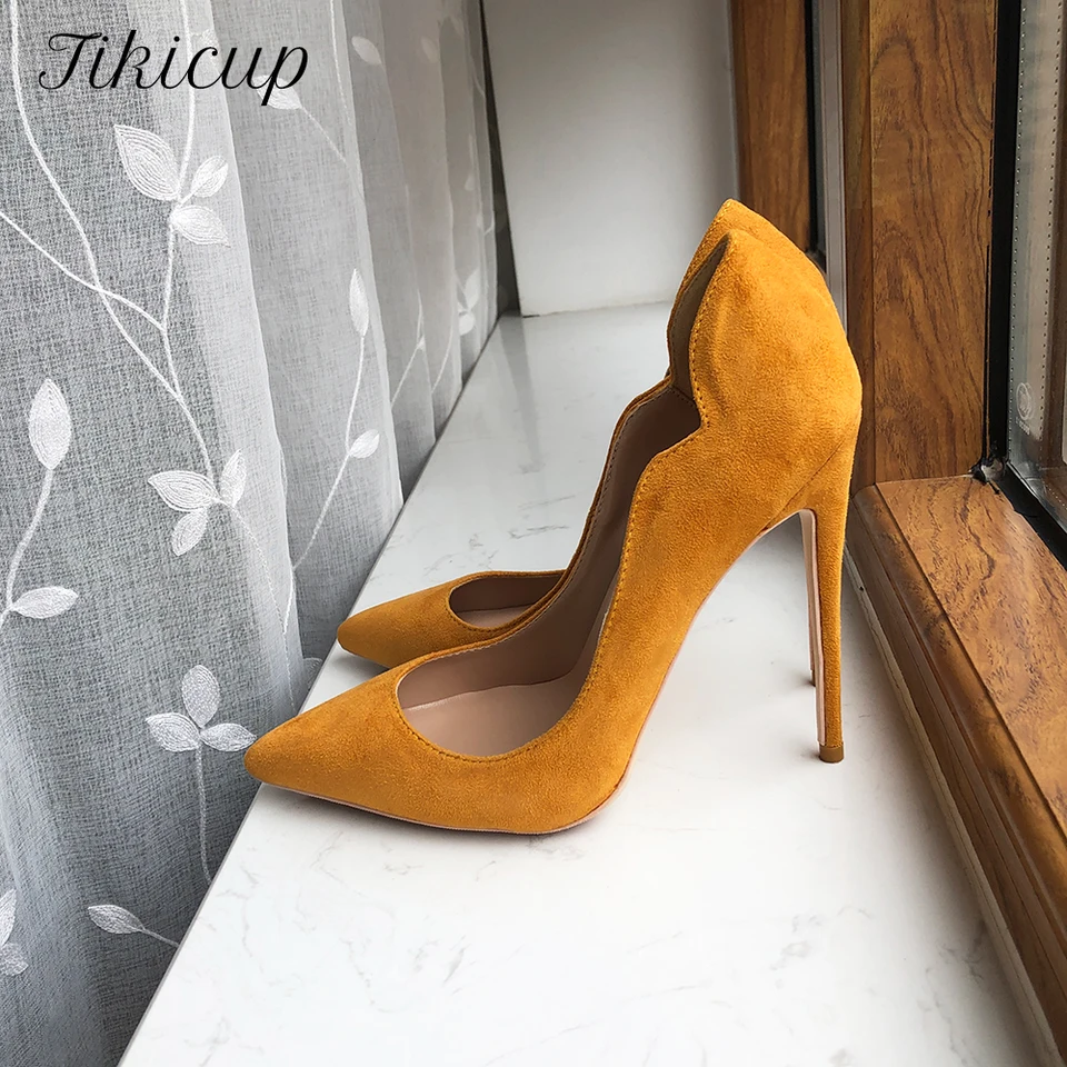 Tikicup Curl Cut Ženy žlté stádo špinavé nohavice vysoké podpätky Elegantné dámske faux semišové pumpy
