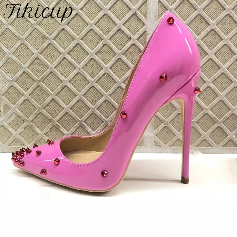 Tikicup Women Patent Pink špicatý špičkový špičkový topánky s vysokými podpätkami s hrotmi sexy dámy rivetiny Party pumps pumps veľkej veľkosti 43 44 45