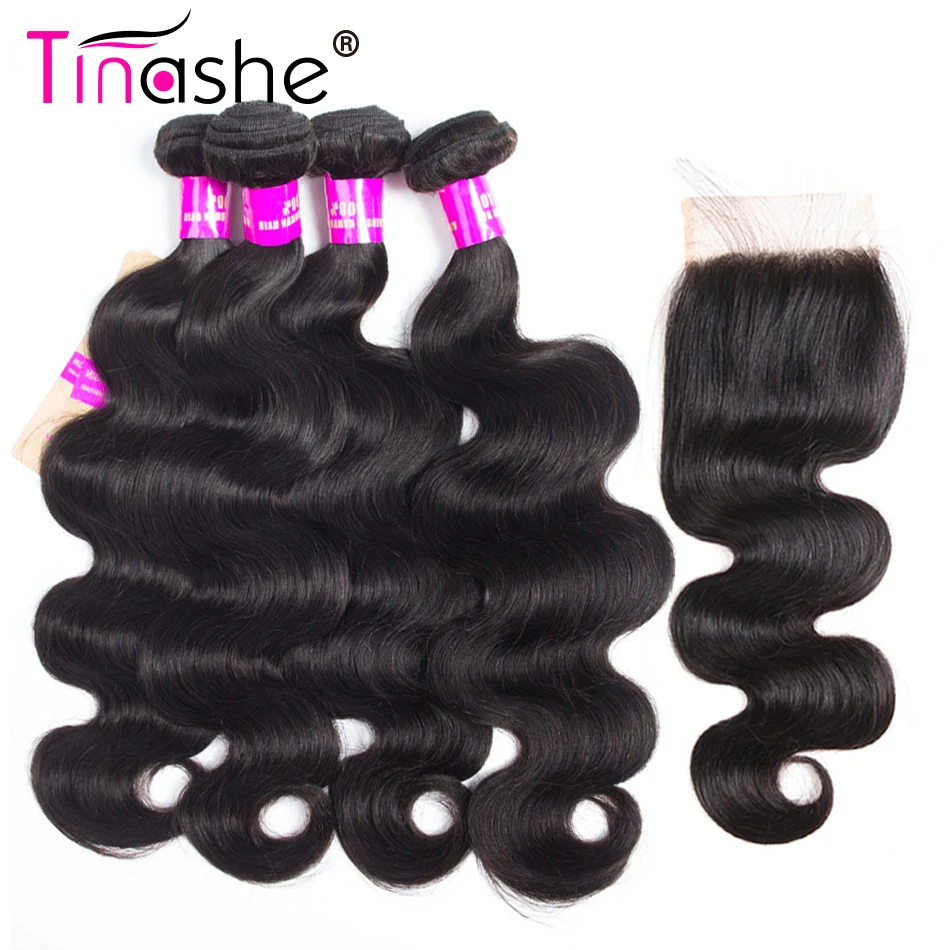 Tinashe vlasy brazílske vlasy väzby 4 zväzky so zatváraním ľudských vlasov predlžovanie Body Wave Bundles s uzavretím