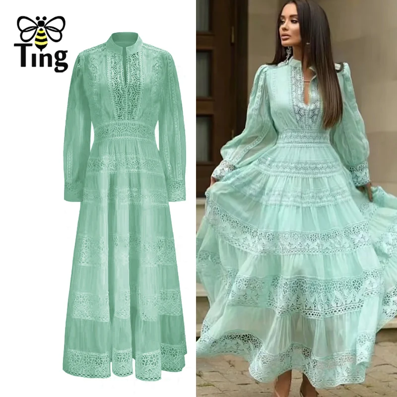 Tingfly nový dizajnér vysokokvalitný čipkovaný patchwork vintage elegantné dlhé párty nočné šaty dámy letné retro šaty