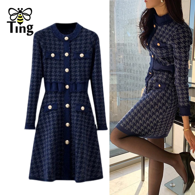 Tingfly ženy zimné jesenné pletené šaty houndstooth gombíky dekorácie Skinny Lady A Line Šaty pletene castwear neformálne mini krátke vesty