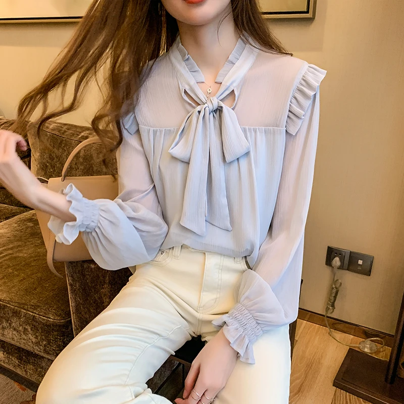 Tingyili motýlik krk na krk blúzka blúzka Spring letné leto Číry dlhý rukáv voľné vrcholy Ženy Elegantné kancelárske nosenie modrého oblečenia