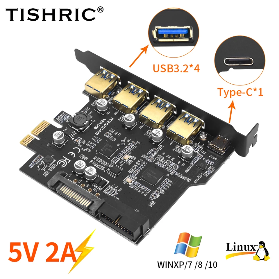 Tishric Type C USB 3.2 Gen1 PCIe Card PCIe 1x až USB 3.2/19in/Type-C Multiplikátor USB3.2