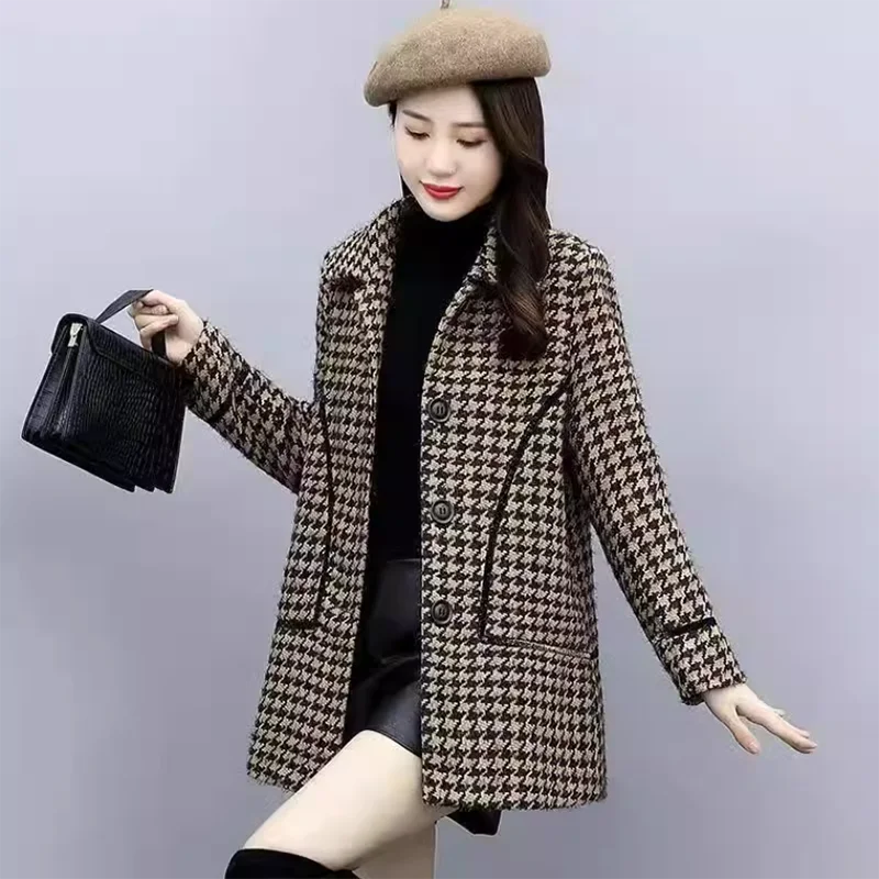 Tisíc vtákov Plaid Woen Bundes Dámske kabáty Jarné jeseň 2025 Nový elegantný voľný teplý a neformálny vlnený kabát Outwear