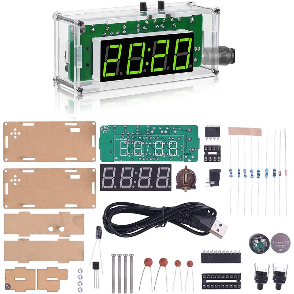 TJ-56-428 4-ciferné digitálne DIY hodinové súpravy s akrylovou škrupinou, DIY budík spájkovacia súprava na učenie elektroniky