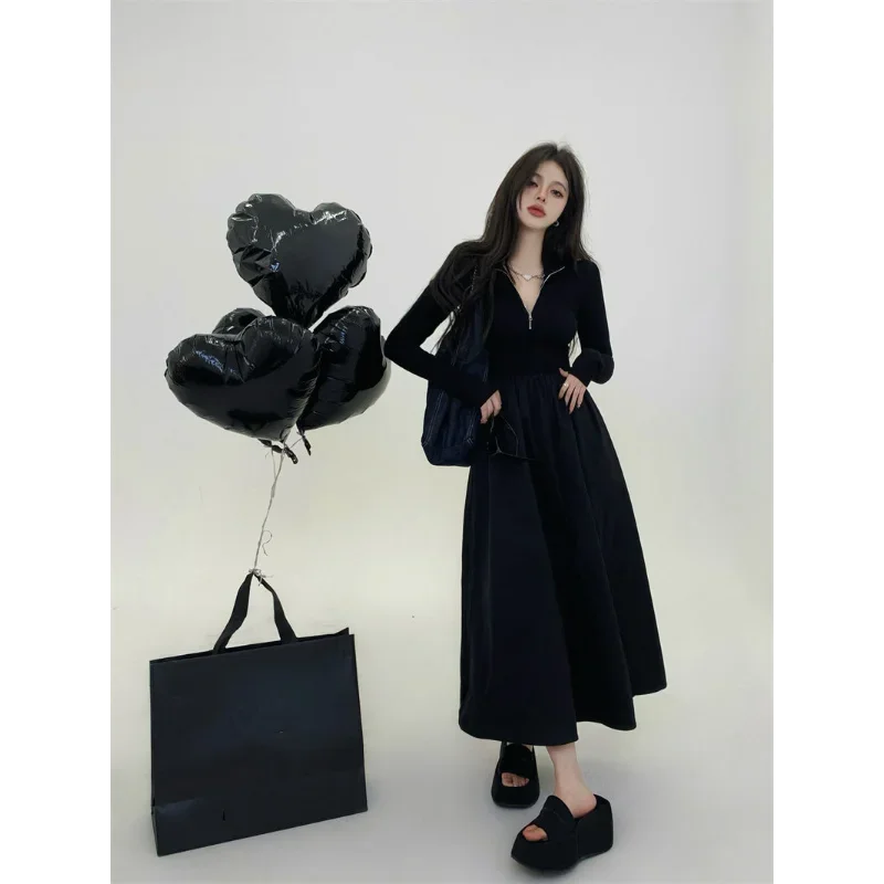Tknolege nové jemné elegantné šaty Ženy Čierne tunika Vintage Kórejský štýl Party Jednoduchá solídna dovolenka vo vnútri štíhleho populárneho