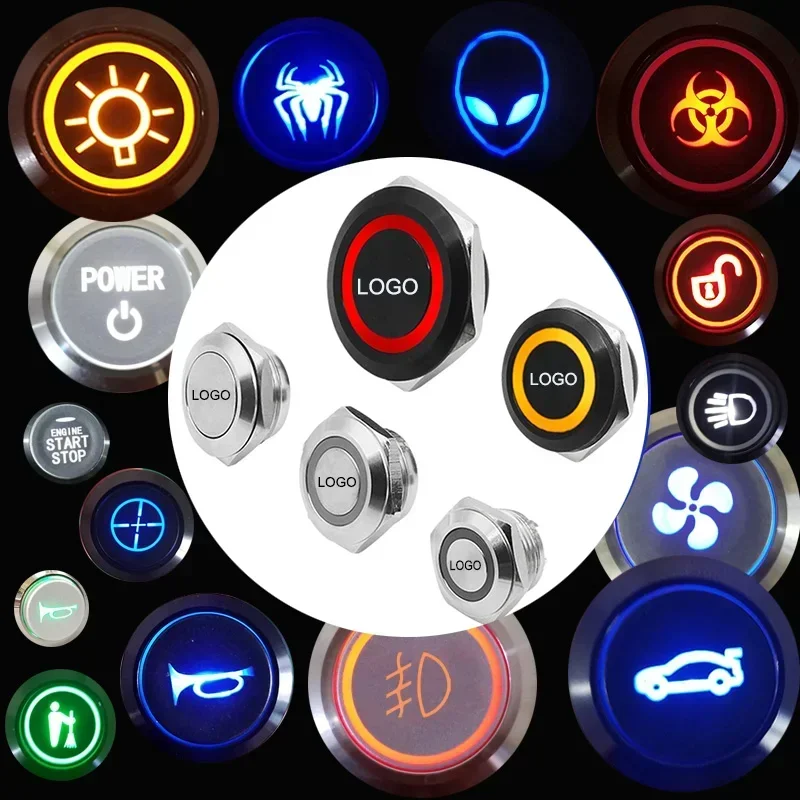 Tlakový spínač 5V 24V 220V DIY DIY vodotesné LED svetlo LED MAMETRÁLNE TLAČKY SYMBOL SYMBORE RESET SYMBOL 16/22/22/25/30 mm prepínačov