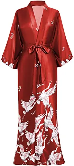 Tlač žeriav Lady Kimono Bieňam župan Ženy Svadobný plášť voľný saténové nočné košele Sleewear v krku
