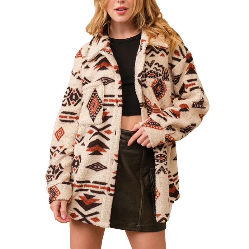 Tlačená kabátová plyšová teplá bunda klopa s dlhým rukávom vintage trend klasický vzor dám