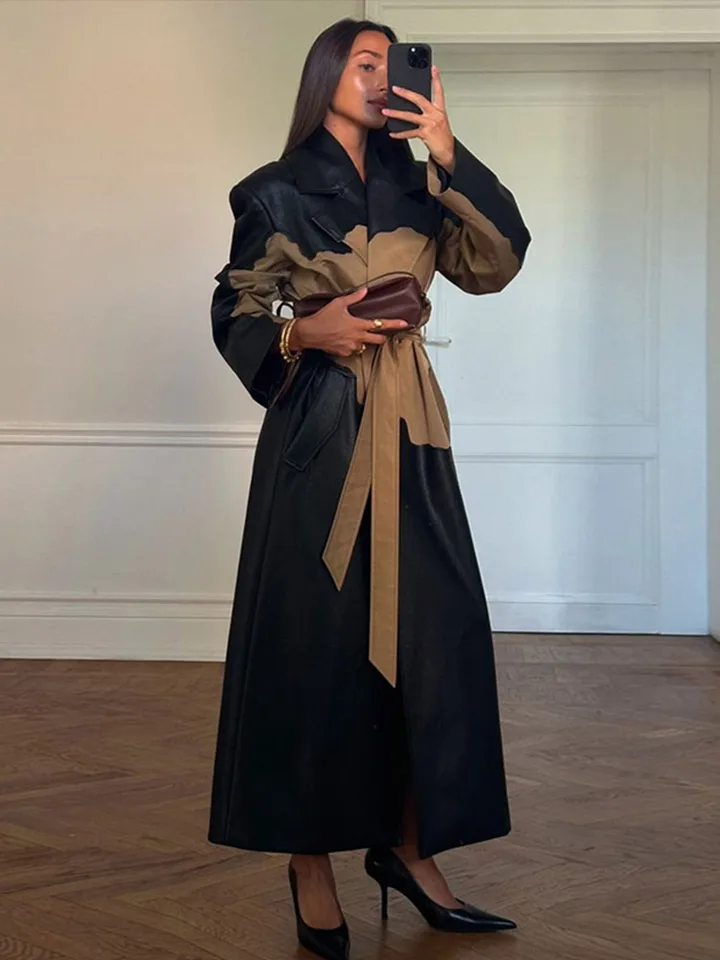 Tlačená kožená kožená kožená kabát Ženy klopné rukávy s opaskom ženský PU Overcoat 2024 Autumn Fashion Street Lady Coats