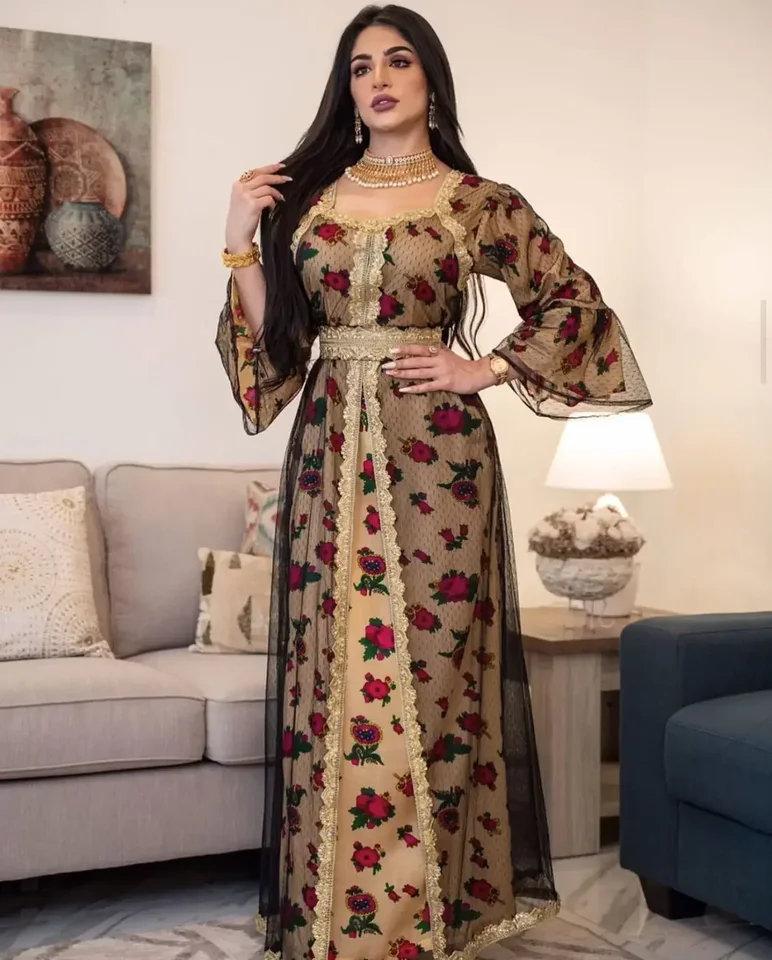 Tlačené vyšívanie Kaftan Dubai Abaya Národný štýl Arabské turecké saudské africké abayas pre ženy Caftan Robe Ženy moslimské šaty moslimské šaty