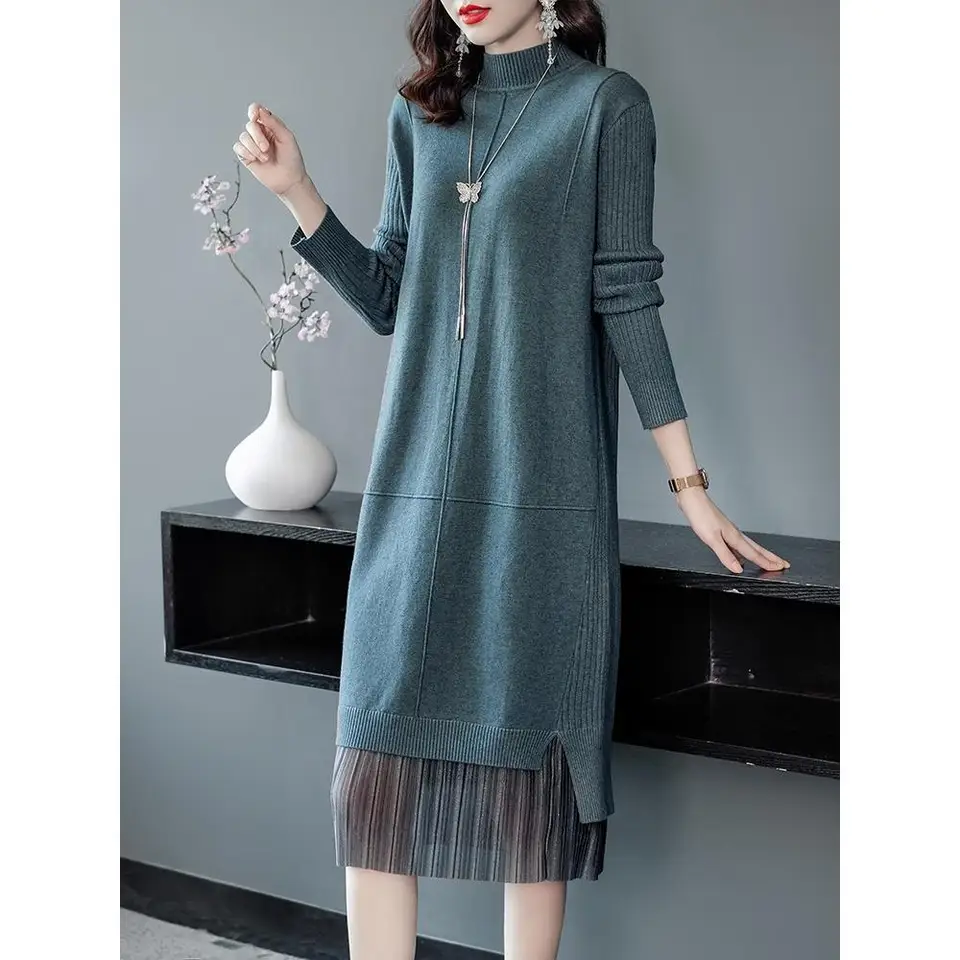 Tlačidlá čipky Ženy Jeseň Zimný sveter pletené line šaty elastické dámske šaty s dlhým rukávom Midi Sweater T30