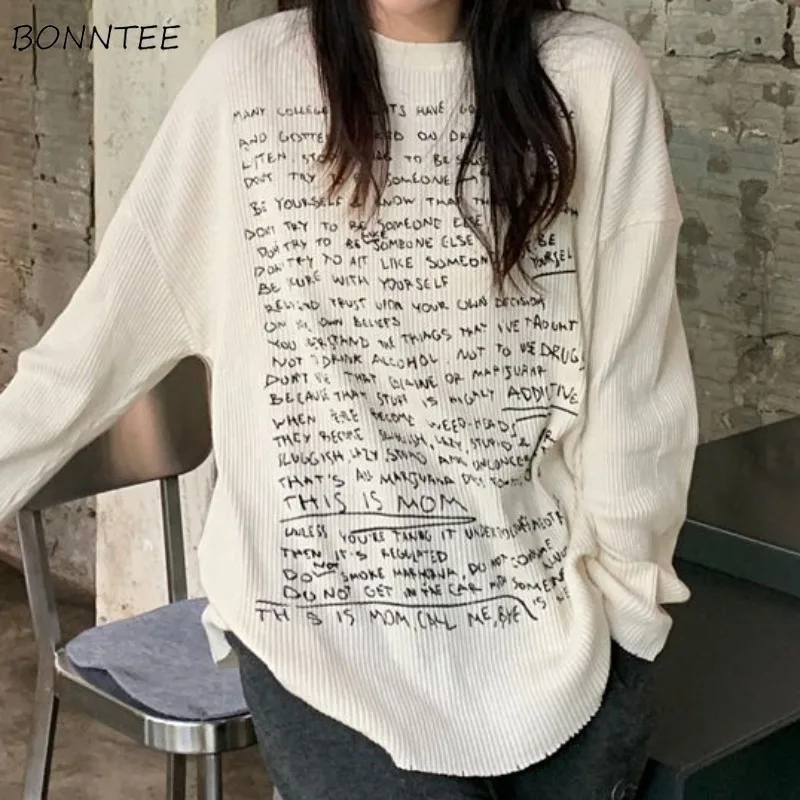 Tlačové tričká Ženské dizajnový list s dlhým rukávom Springové vrcholy Outwear College Študenti odev O-krk kórejský štýl voľný fit
